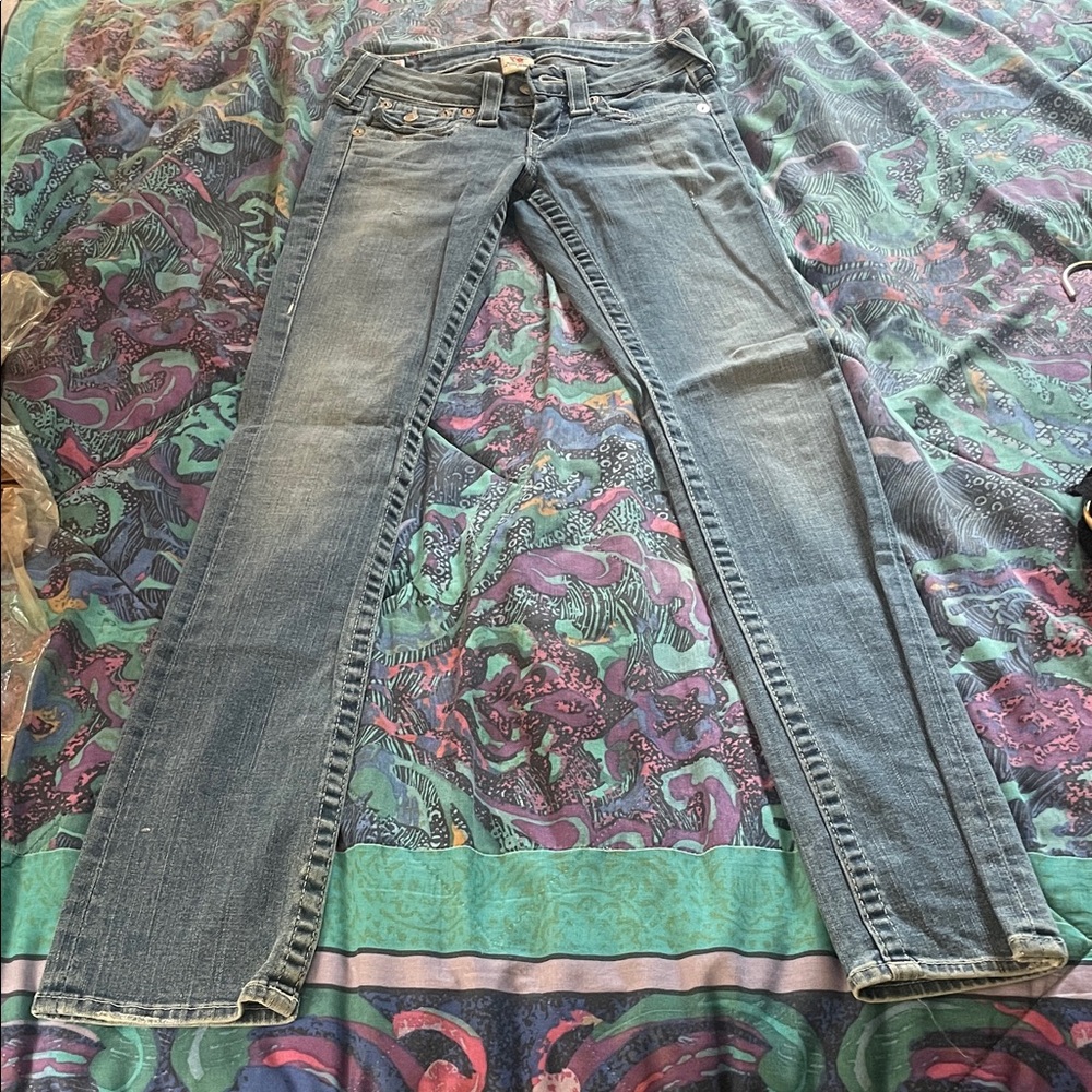 Vintage True Religion Women's Light Blue Skinny Jeans Made in USA